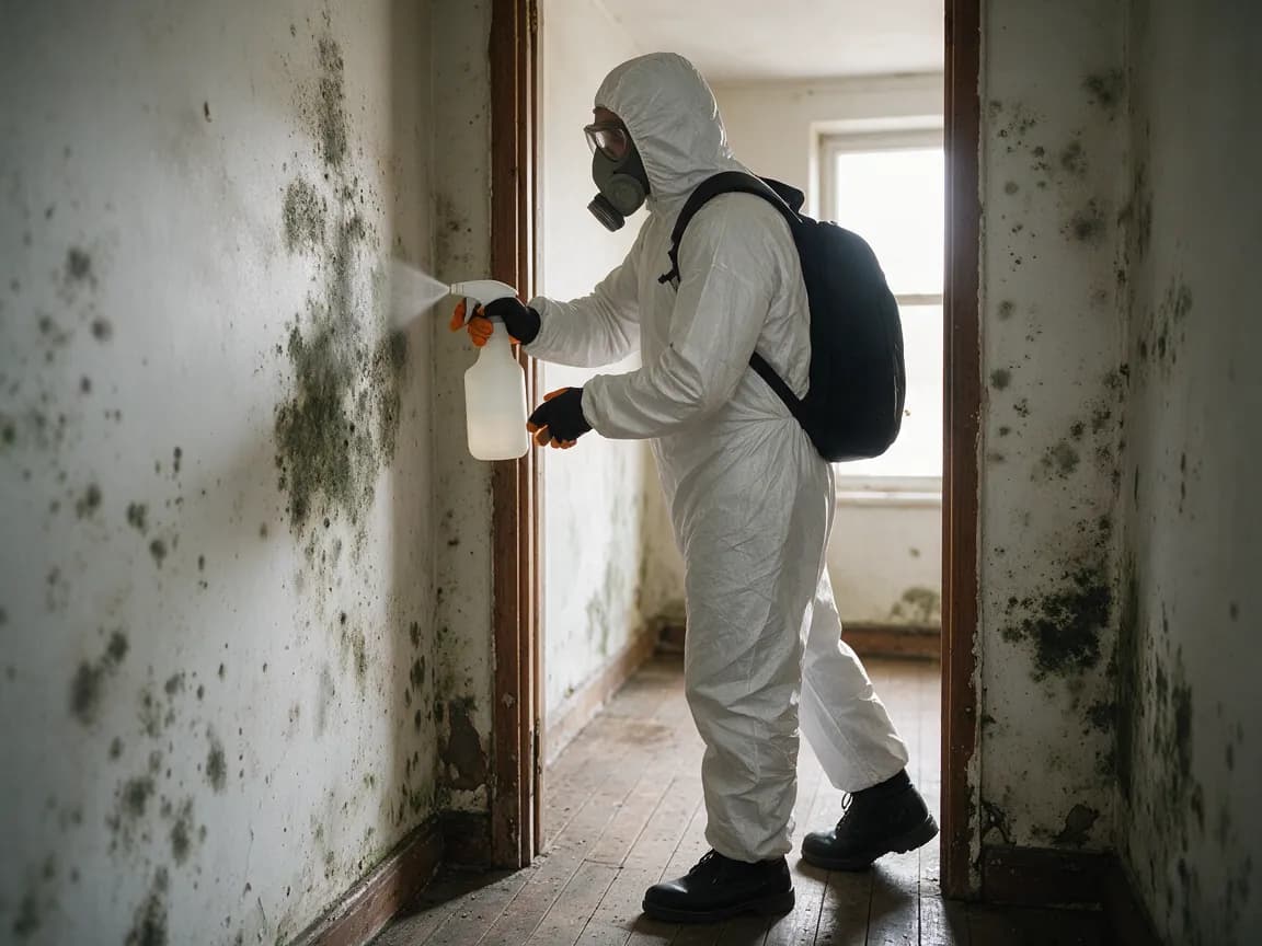 A person in a hazmat suit and gas mask spraying a wall heavily covered in black mould.